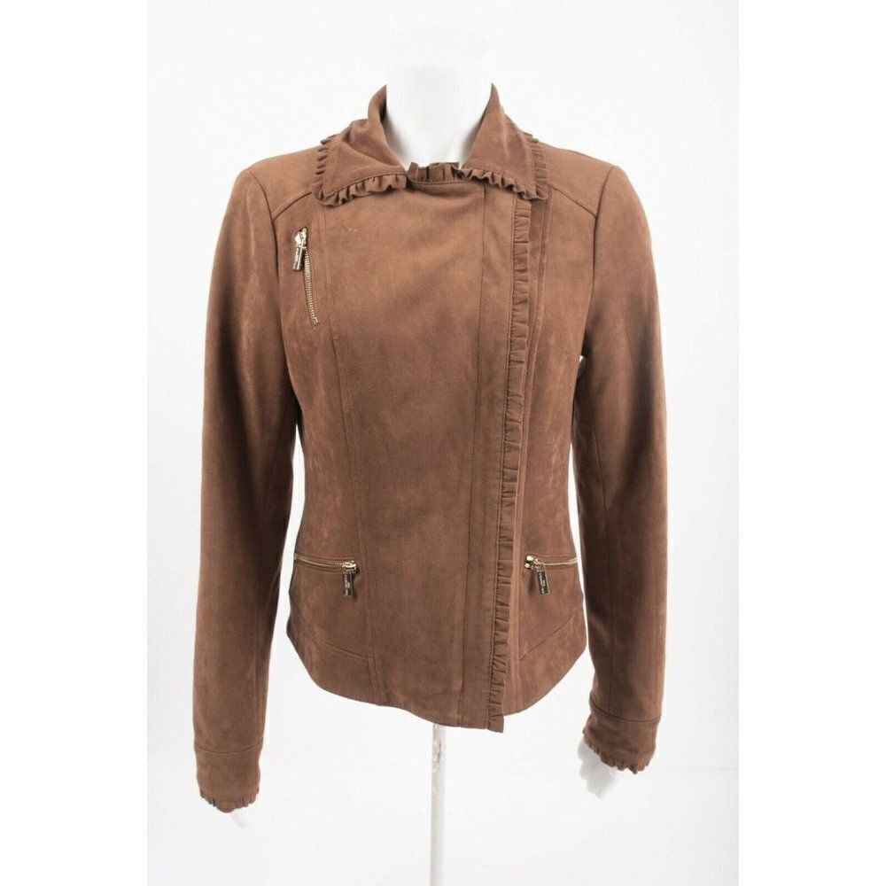 Karl Lagerfeld Paris Womens Faux Suede Jacket Coat Biker Asymmetric Brown S